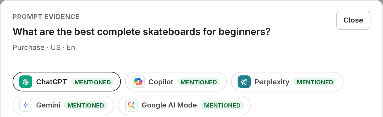Aeomatic prompt evidence showing which AI providers mention products for a beginner skateboard shopping prompt